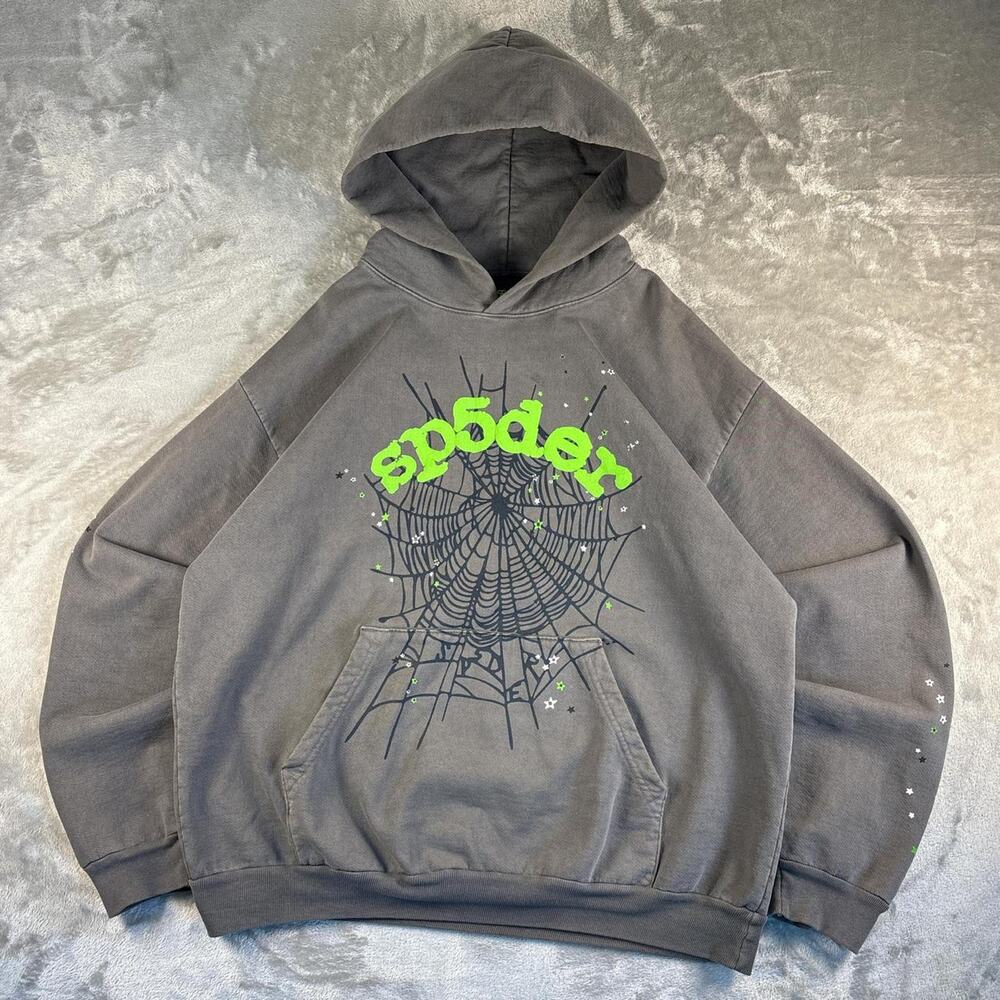 Sp5der Hoodie Mens XL Slate Gray Spider Web Graphic Streetwear Sweatshirt